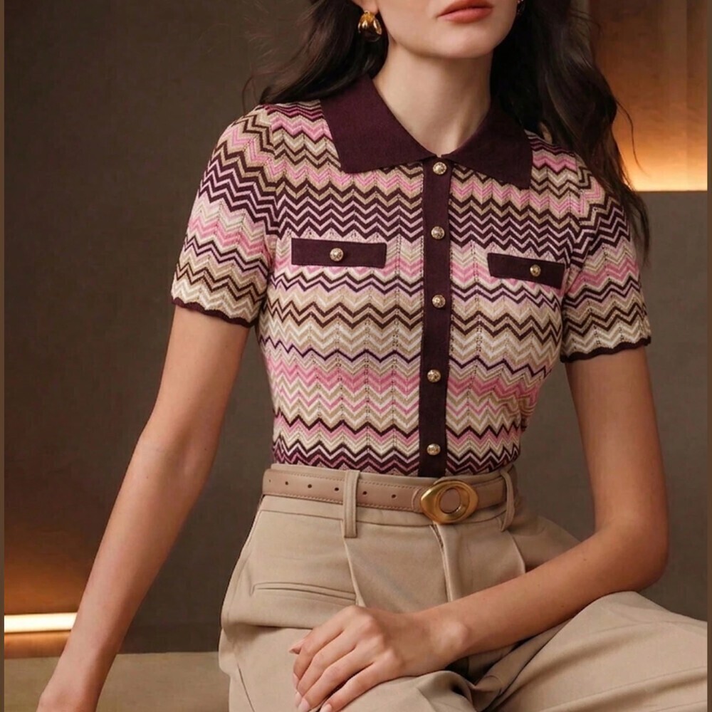 Pink Cream Multicolor Chevron Knit Contrast Collar Button Front Polo Top